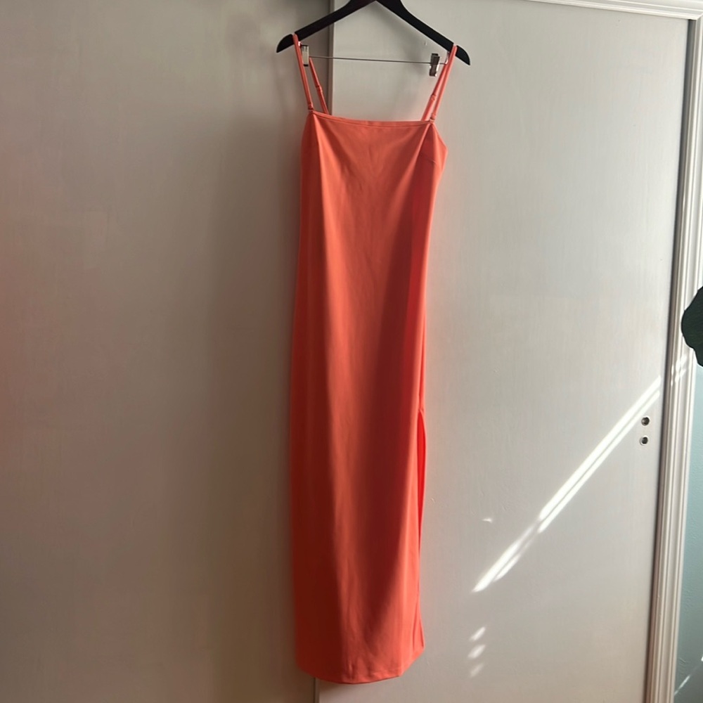 Rachel Roy long coral strap gown with side slit